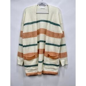 Staccato Cream Teal Peach Stripe Tunic Length Open Front Cardigan with‎ Pockets